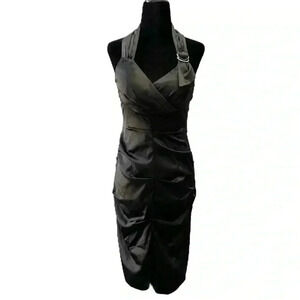 Le Chateau Cocktail Evening Dress Black Satin Halter Neck Bodycon Ruched Small